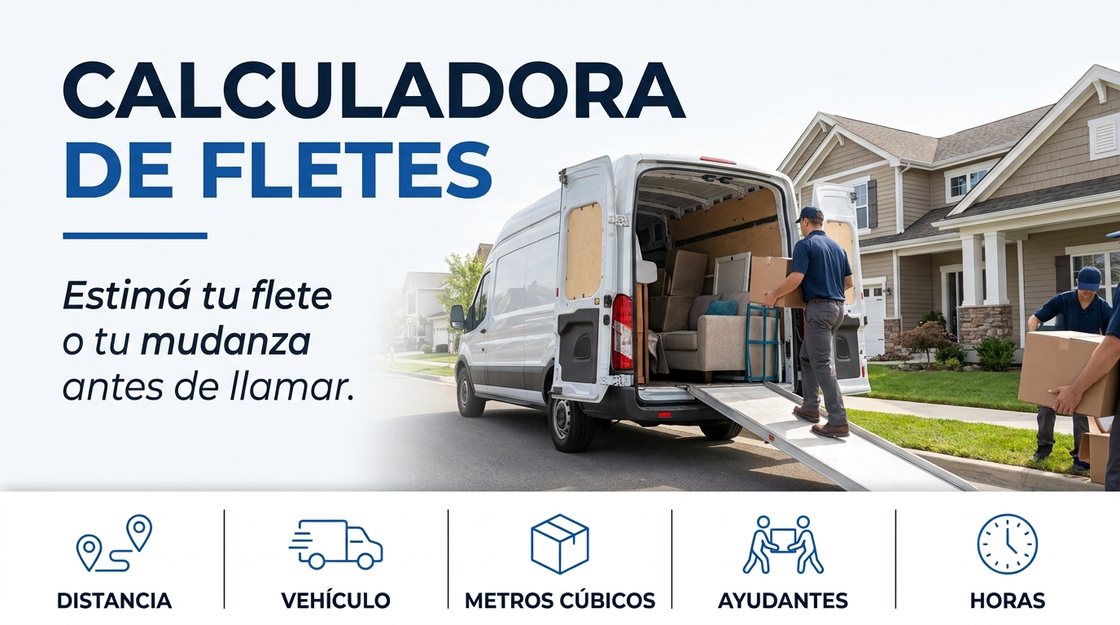 Camioneta de flete cargada con muebles y cajas frente a una casa, con la rampa bajada