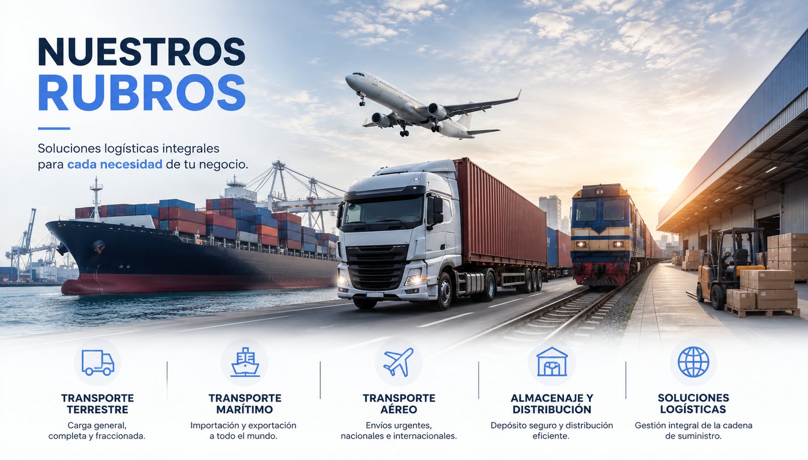 Camión, tren de carga, buque portacontenedores, avión y depósito con autoelevador, los rubros del directorio